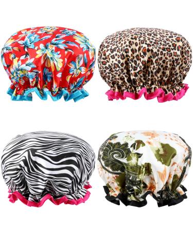 Shower Cap, ESARORA 4 PACK Bath Cap Designed for Women Waterproof Double Layer STYLE 1