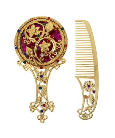 Uonlytech Round Mirror Antique Mirror Comb Set Vintage Mirror Comb Set Vintage Handheld Mirror Set for Lady Woman Makeup Set Golden