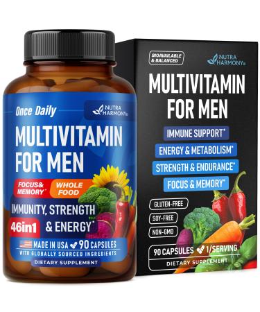 Multivitamin for Men - B-Complex | Whole Foods & Enzymes - Energy Focus & Brain | Men's Health Complex - 46in1 Mens Multivitamin - Bioavailable & Gentle on Stomach - Made in USA - 90 Capsules 1/Day