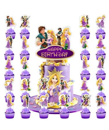 SKORDO 25pcs Tangled Birthday Decorations with 24pcs Rapunzel Cupcake Toppers 1pcs Cake Topper for Rapunzel Birthday Party Supplies