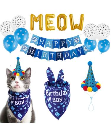 TCBOYING Cat Birthday Bandana, Cat Birthday Boy Girl Hat Scarfs Flag Balloon with Cute Doggie Birthday Party Supplies Decorations Blue