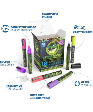 Crafty Croc Liquid Chalk Markers Jumbo 18 Pack - Neon & Earth Colors [6mm Reversible Tip] | Moms Choice Award Gold Recipient | 2 Replacement Tips - Buy Online on GoSupps.com
