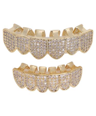 Hip Hop Teeth Set  Diamond Braces  Cold Plated Copper Teeth Set Bling Teeth Decoration for Halloween Party (Gold)