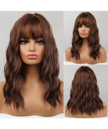 HAIRCUBE Short Brown Curly Wigs With Bangs,Wavy Bob Wigs for Women Heat Resistant Synthetic Wigs Honey Brown