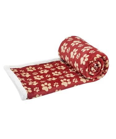 HappyCare Textiles Printed Dog paw Flannel Reverse to Sherpa Throw Blanket Red/Gold paw