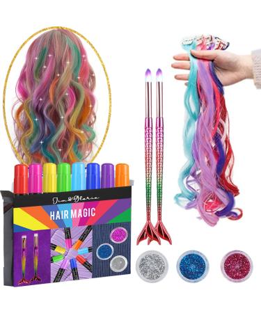 Jim&Gloria Dustless Hair Chalk For Girls Include Clip-on Colored Hair, Mermaid Brushes And Glitters Temporary Hair Dye For Kids Teen Girl Trendy Stuff Unique Teenage Girl Trending Gifts Idea -Set of 17
