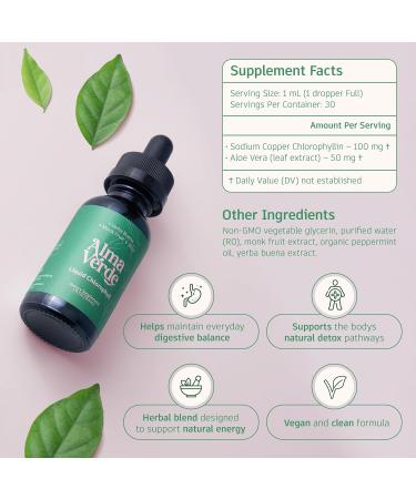 Alma Verde Liquid Chlorophyll Drops - Chlorophyll Water with Aloe Vera Juice for Body Odor Bloating Relief & Gut Health - Natural Deodorant Alternative for Women - Skin Glow & Detox - Vegan - 30ml - Buy Online on GoSupps.com