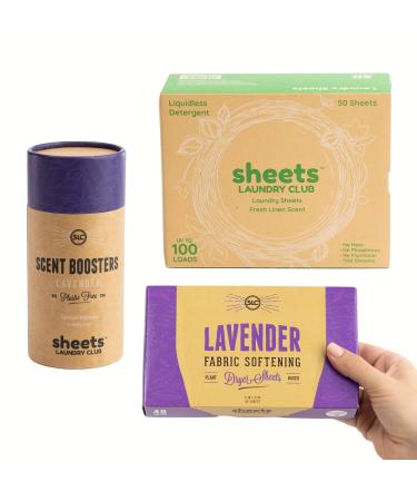 Sheets Laundry Club - All In One Laundry Kit.- Lightweight & Mess Free - Enjoy 50 Fast Dissolving Fresh Linen Laundry Sheets, 1-8oz Lavender Scent Booster Tube, 40 Plant Based Lavender Dryer Sheets 1 Fresh Linen, 1 Lavender SB, 1 Lavender DS