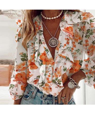 Women's XX-Large Orange Floral Butterfly Chiffon Ruffle V-Neck Pullover T-Shirt - Buy Online on GoSupps.com