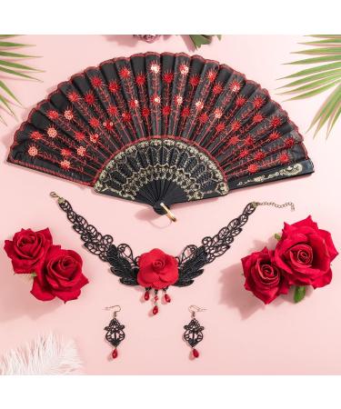 DRESHOW Rose Flower Hair Clip Embroidered Folding Fan Earrings Set Hair Accessories for Women Flamenco Dancer Set-F01UK Red - Buy Online on GoSupps.com