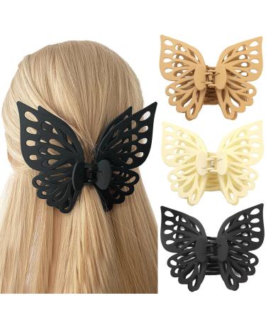 WACHLL Butterfly Hair Clips Butterfly Claw Clips Hair Clips for Women Hair Clips for Thick Hair Matte Hair Clips Medium Hair Clips Big Butterfly Clips for Women Cute Hair Clips (3Pcs) Khaki white black