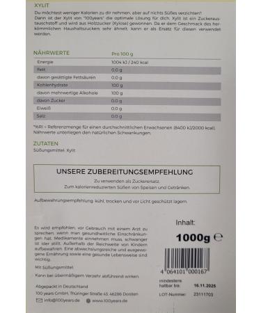 Buy 100 Years Xylitol 1000g - Calorie-Reduced Sugar Alternative Birch Sugar Non-GMO - German Quality Sweetener - Buy Online on GoSupps.com