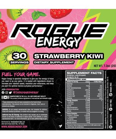 Rogue Energy Drink Powder - Sugar & Gluten Free Gaming Supplement for Mental Focus Caffeine & Vitamins - Strawberry Kiwi Flavor (30 Servings) - Ships Internationally - Buy Online on GoSupps.com