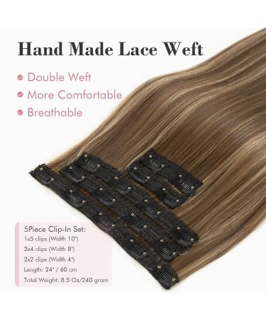 REECHO Clip in Hair Extensions - Thick Long Lace Weft Synthetic Hairpieces for Women - 24 Inch Chocolate Brown with Golden Blonde Highlights - 240g (Pack of 5) - Buy Online on GoSupps.com