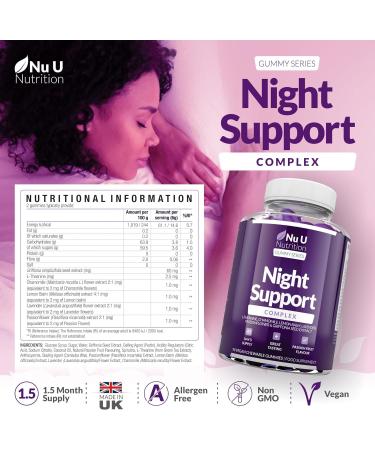 Nu U Nutrition Night Support Sleep Gummies - 90 Vegan Gummies with Griffonia Simplicifolia, L-Theanine, Lavender, Lemon Balm & Chamomile - Passionfruit Flavour - Melatonin Alternative for Adults - Buy Online on GoSupps.com