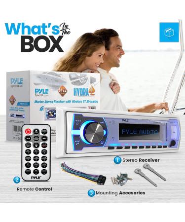 Pyle Marine Bluetooth Stereo Radio - 12v Single DIN Boat Receiver with Mic, LCD Display, RCA, MP3, USB, SD, AM FM Radio, Remote Control - White - Buy Online on GoSupps.com
