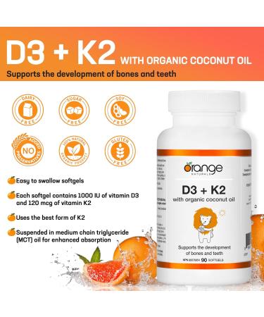 Orange Naturals - Vitamin D3+K2-90 Softgels - With Organic Coconut Oil - Support Bone & Teeth Health Reduce Osteoporosis Maintain Muscle Enhanced Absorption & Prevent D Deficiency Cholecalciferol 90 count (Pack of 1) - Buy Online on GoSupps.com