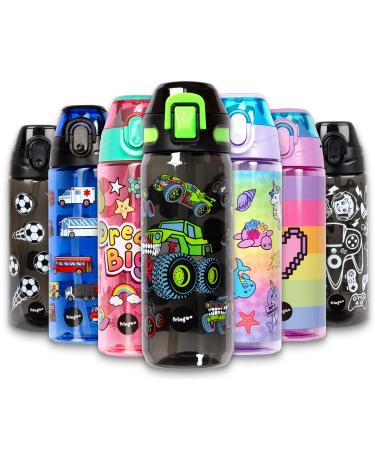Fringoo - Monster Trucks - Kids Water Bottle with Straw - BPA Free Water Bottles - Straw Water Bottle - Reusable Water Bottle - 600 ml / 20 Oz Black 600 ml