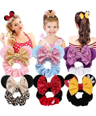 6 Pack Minnie Mouse Ear Scrunchies Sparkly Sequin Hair Bows Velvet Hair Scrunchies Mickey Mouse Hair Ties Elastic Hair Bands Ponytail Holders Hair Accessories for Girls Women Teens Kids Multicolor-6pack-02