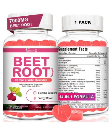 Beet Root Gummies - Nitric Oxide Beet Gummies for Circulation Support Nitric Oxide Production - with Grape Seed Hawthorn Berry Hibiscus Organic Non-GMO 60 Gummies Beetroot 60 Count (Pack of 1)