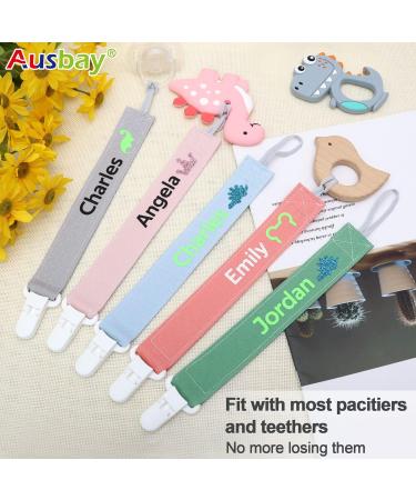 Personalized Name Pacifier Clip (2 Pack) - Custom Cotton Paci Holder Leash for Baby - Binky Clips with Name - Gray+Beige - Buy Online on GoSupps.com
