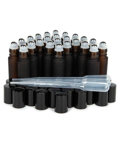 Vivaplex 24 Frosted Amber 10 ml Glass Roll-on Bottles with Stainless Steel Roller Balls. 3-3 ml Droppers included