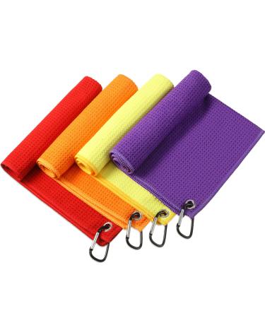 4 Pack Golf Towel for Golf Bags Microfiber Fabric Towel Bag with Clip Waffle Pattern Golf Accessories for Men Women Golf Ball Club Set Multiple Colors (Red Orange Yellow Purple)