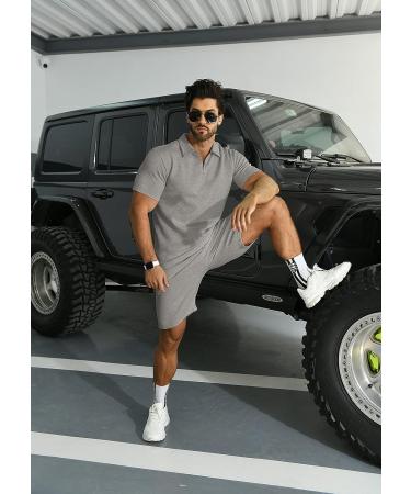 KUYIGO Men's Polo Shirt and Shorts Set - Summer Outfits | Casual Short Sleeve Polo Suit - Grey X-Large - Buy Online on GoSupps.com