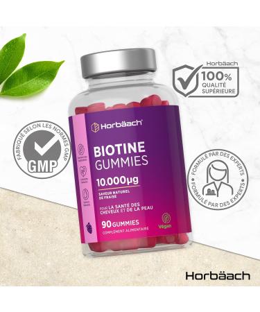Biotine 10000 mcg Gummies | 90 Gommes V gan | Vitamines pour Cheveux Peau et Ongles | Saveur Naturel de Fraise | par Horbaach - Buy Online on GoSupps.com