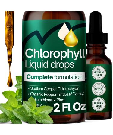 Liquid Chlorophyll Drops 60 ml 100mg per Serving Formulate Zinc Glutathione Mint Extract 2 fl oz Vegan & Sugar-Free