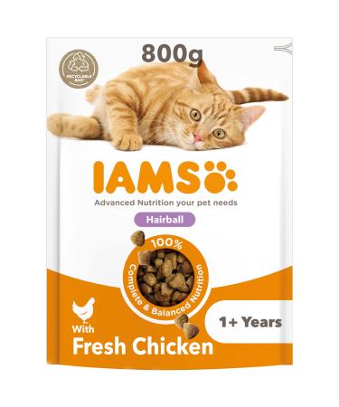 IAMS Hairball Complete Dry Cat Food Chicken 800g - Significantly Reduces Hairball Formation 800 g (Pack of 1)