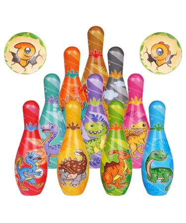 IWUTEFET Kids Dinosaur Bowling Toys Set - Soft Foam 10 Pins and 2 Ball with Number - Fun Eductional Games Indoor Outdoor Bowling Set for Children Boy Girl Learning Development Party Favor Gifts