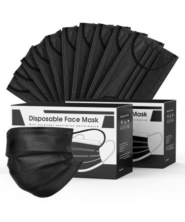 100pcs 3 Layers PLY Black Disposable Face Masks, Hyegiir Comfortable Elastic Earloops Face Masks,Sterile and Breathable for Daily Protection Air Pollution, Dust-proof