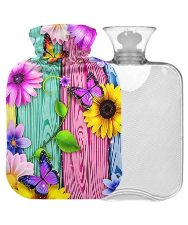 Naanle rainbow wood butterfly sunflower hot flower with reference transparent hot water bottle Handfoots Heating bags for pain relief heat and cold therapy 1L