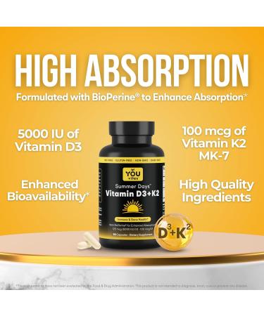 You Vites Vitamin D3 + K2 - Max Absorption 5000 IU D3 & 100 mcg K2 MK-7 (Menaquinone-7) with BioPerine - Bone Heart & Immune Support - Non-GMO Gluten Free Soy Free - 90 Capsules - Daily Supplement - Buy Online on GoSupps.com