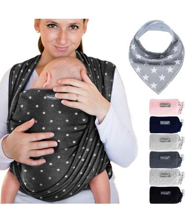 Makimaja - 100% Cotton Baby Wrap Carrier - Dark Grey with Stars - Outstanding Baby Sling for Newborns and Babies Up to 15 Kg - Includes Baby Bib Graphite 100% Cotton