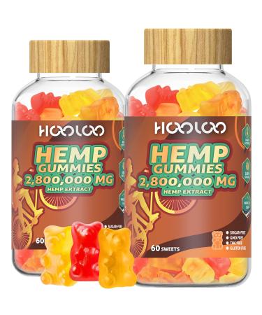 Hemp Gummies, HOOLOO 2,800,000 High Potency Fruity Hemp Gummy Bears for Relaxing, Stress, Anxiety, Better Sleep & Calm Mood, Sugar Free, Made in USA orange,peach,pineapple 60 Count (Pack of 2)