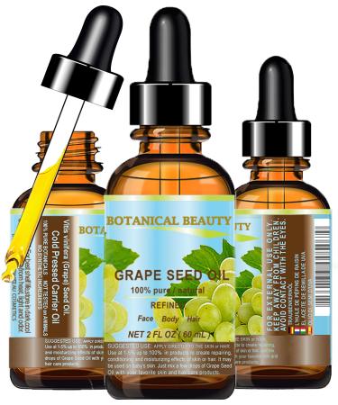 Botanical Beauty GRAPE SEED OIL 100% Pure Natural Undiluted Refined Cold Pressed Carrier Oil for Face Skin Body Hair Massage Lip Nails (2 Fl Oz 60 ml) 2 Fl Oz (Pack of 1)