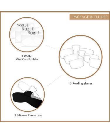 Noble Small Reading Glasses (3 Pack) +0.75 - Rimless Readers with Wallet Credit Card Holders & Cell Phone Case - Pocket Magnifying Cheaters for Men and Women - Buy Online on GoSupps.com