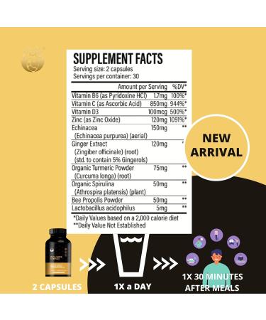 Defense support Strengthen your immune system and protect your health with10-in-1 combination of Vitamins C D3 B6 Zinc Echinacea Ginger Turmeric Spirulina Propolis and Probiotics. 60 cap - Buy Online on GoSupps.com