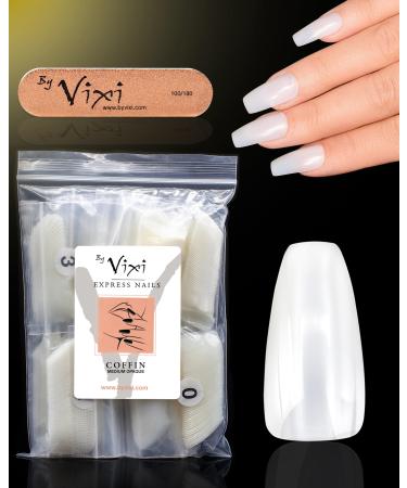 By Vixi 600 MEDIUM COFFIN/BALLERINA NAIL SET with PREP FILE 12 Sizes - Opaque Express Full Cover False Fingernail Extensions for Salon Professionals & Home Use Coffin Medium