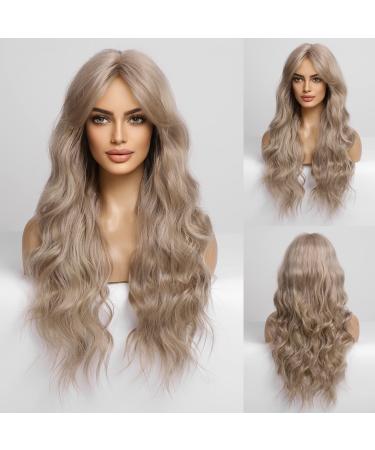 HAIRCUBE Wigs for Women Ombre Darkest Brown With Grey Wig with Bangs Long Wavy Wig for Women Natural Looking Wig 24 Inch grey brown