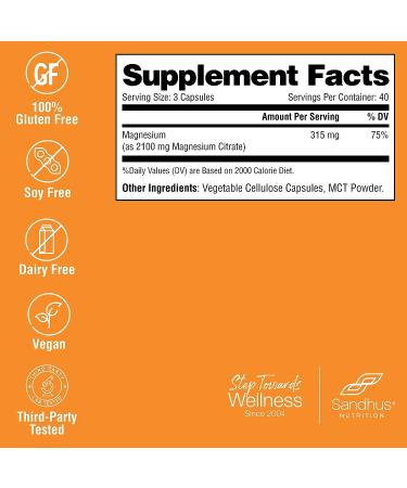 Sandhus Magnesium Citrate - Highly Absorbable, Gluten/Soy/Dairy Free, 120 Vegetarian Capsules - Buy Online on GoSupps.com