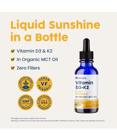 NativePath D3K2 Tincture 2000IU Vitamin D3 and Vitamin K2 Supplement with Organic MCT Oil 1 Fluid Ounce Rapid Bioavailability Multi-Vitamin for Bone Strength and Total Body Wellness 30 Servings - Buy Online on GoSupps.com