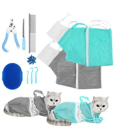 JULMELON Cat Washing Bag 10 PCS Set, Adjustable Cat Shower Net Bag and Pet Grooming Brush with Nail Clipper Nail File Hair Combs Tick Tool Nail Caps for Bathing Nail Trimming Examination