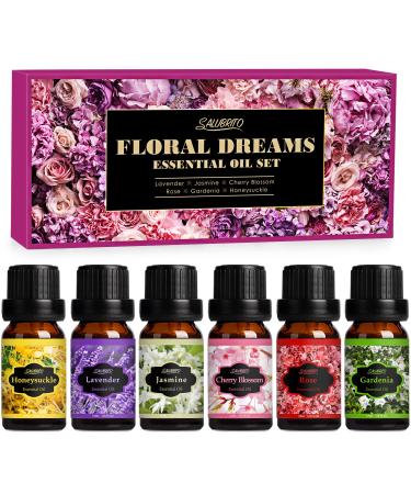 SALUBRITO Essential Oils Set Floral Fragrance Oils for Diffuser for Home 6 x 10ML Aromatherapy Oil for Candle Soap Making - Jasmine Lavender Rose Gardenia Cherry Blossom Honeysuckle