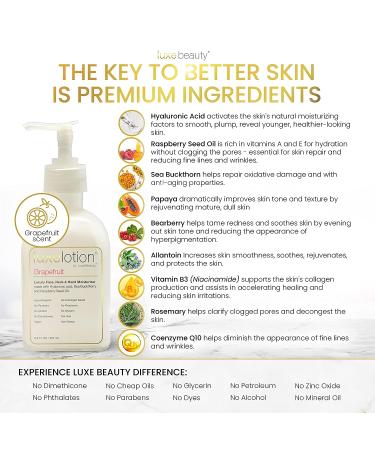 Luxe Beauty Hyaluronic Acid Moisturizer for Face, Neck & Hands - Grapefruit-Scented Silicone-Free Lotion - Organic & Plant-Based Anti-Aging Cream - 8.5 Fl Oz - Buy Online on GoSupps.com