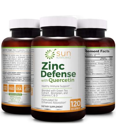 Sun Nutritionals Zinc Defense with Quercetin, EGCG, Bromelain, Vitamin C & D - 2-Month Supply (120 VCaps), Non-GMO, Gluten-Free - Buy Online on GoSupps.com