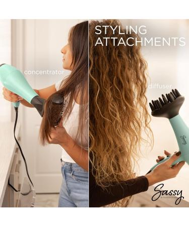 Sassy Ceramic Ion Hair Dryer - 1875W Salon Dryer with Concentrator & Diffuser Multiple Heat Settings Cool Shot - Aqua | International Shipping Available - Buy Online on GoSupps.com