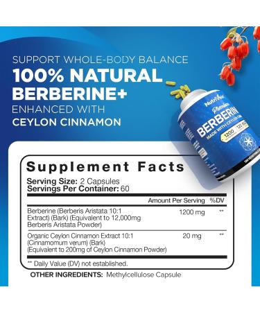 Nutrivein Premium Berberine 1200mg & Citrus Bergamot Extract 1400mg Bundle - Ceylon Cinnamon & 25:1 Bergamia Extract - Weight Management & Immune Support Plus Heart Health - 120 Capsules Each - Buy Online on GoSupps.com